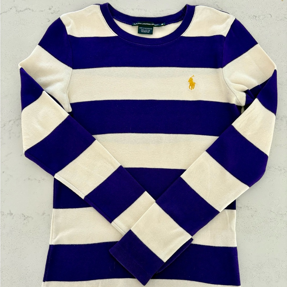 Women’s Ralph Lauren Sport Purple White Stripe Long Sleeve Pullover Cotton US M